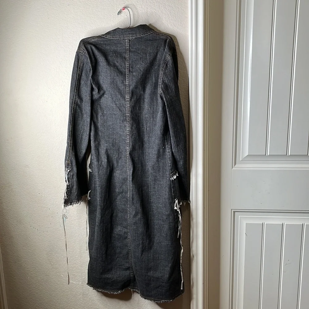 Connection 18 Distressed Black Denim Duster with White Fringe - Picture 2 of 5